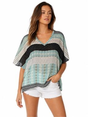 CAbi Sheer Poncho Blouse Medium Boho Striped
Geometric Top